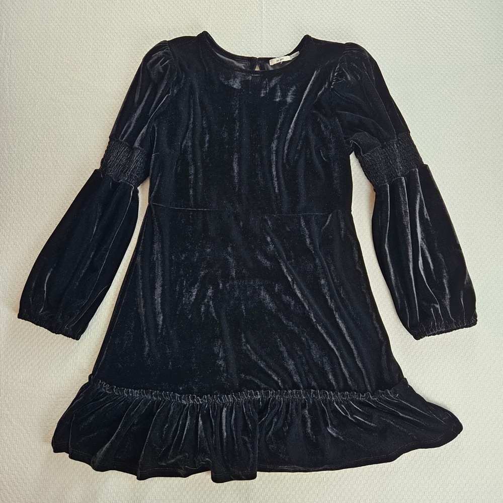 Black Velvet Mini Dress Bishop Long Sleeve Smocked Ruffle Hem Whimsigoth Fall